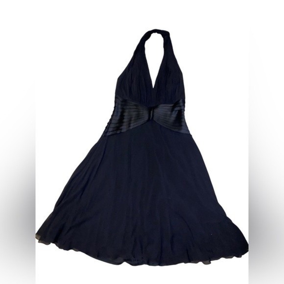 Vintage Tadashi Shoji Silk Halter Black Ruffle Pleated Chiffon Dress Size 12 - Picture 5 of 11